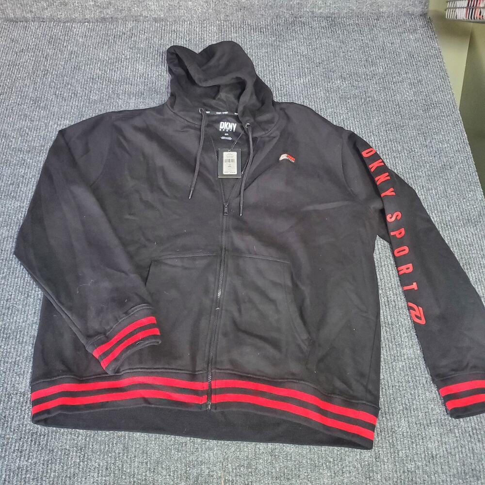 DKNY Sport Hoodie Zip Up Black Red Logo Sleeve Mens 3XL NWT